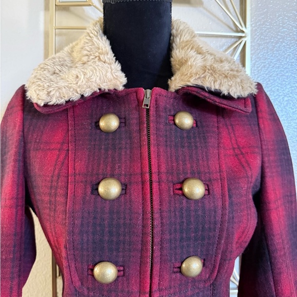 ANTHROPOLOGIE ELEVENSES
Red Plaid Fitted WOOL BLEND COAT Zip Button Womens Sz 0 - Picture 4 of 12
